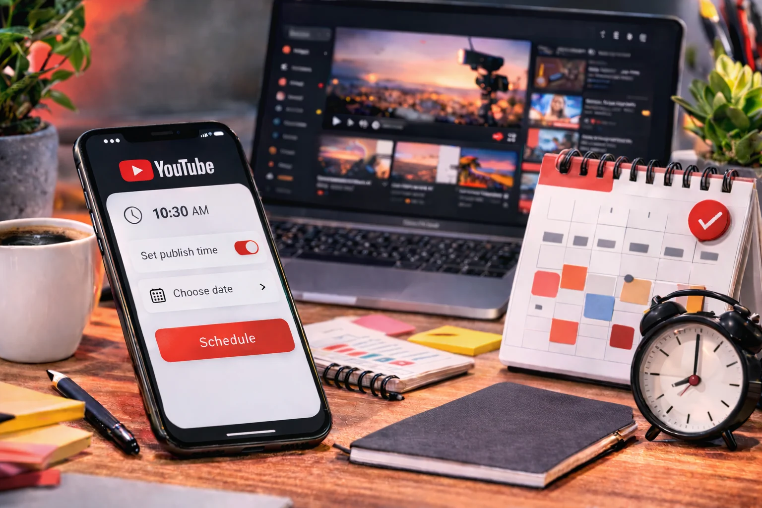creator scheduling a YouTube mobile live stream from a smartphone with calendar notes